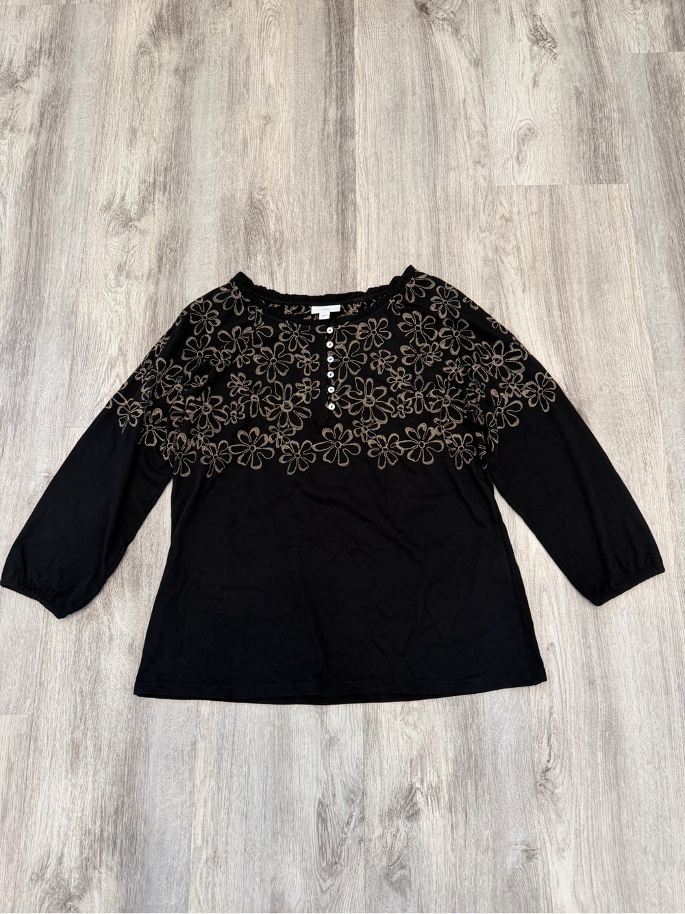 J.Jill Small Black Floral Embroidered Henley Top Cotton Tencel